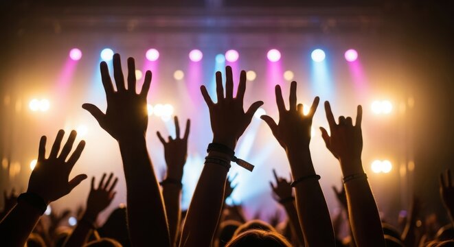 Cheering crowd with raised hands at live music event. Cheering crowd, illuminated by stage lights, shows enthusiastic gestures with hands up in air. - Powered by Adobe