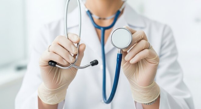 Doctor with stethoscope presents medical examination tool and diagnostic instrument. Stethoscope represents healthcare and clinical analysis for well being. - Powered by Adobe