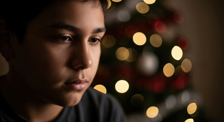 Thoughtful Young Boy Contemplating Christmas Amidst Holiday Lights