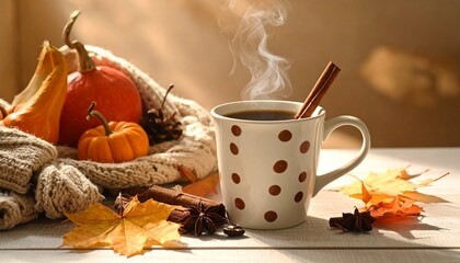 Coffee mug with polka dots and cinnamon steam rising, cozy Thanksgiving feel.