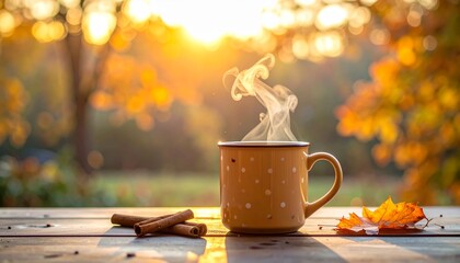 Coffee mug with polka dots and cinnamon steam rising, cozy Thanksgiving feel.