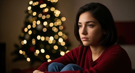 Sad Young Woman in Cozy Sweater Sitting by Christmas Tree Lights Reflecting on Life
