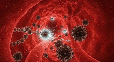 Blood vessel interior with various viruses and immune cells