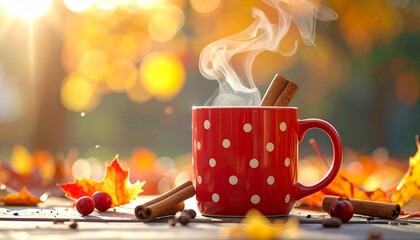 Coffee mug with polka dots and cinnamon steam rising.