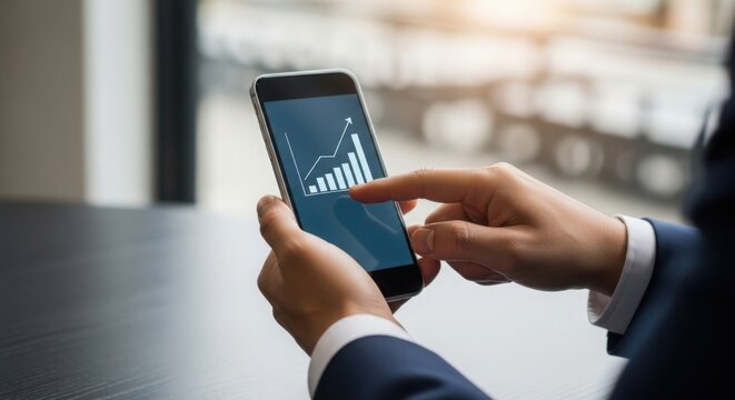 Smartphone screen displaying financial chart data, showcasing chart analysis. Fingers touching screen for chart analysis and review, indicating growth statistics.