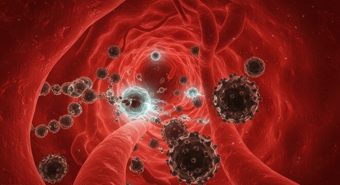 Blood vessel interior with various viruses and immune cells - Powered by Adobe