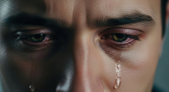 Crying man with tears running down his face, portrait of intense emotion, revealing deep sorrow and vulnerability. Crying man shows pain and sadness, a close-up capturing grief and distress. - Powered by Adobe