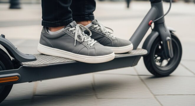Person riding an electric scooter on pavement, highlighting casual grey footwear and modern transport. Electric scooter provides a convenient way to travel short distances. - Powered by Adobe