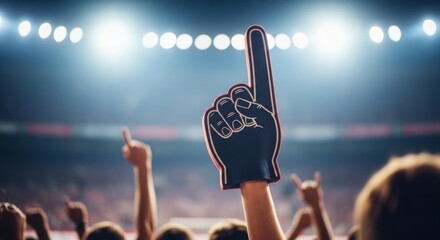 Raised foam hand in stadium for sports alphabet events and gatherings. Showing foam hand raised high above cheering crowd at sporting event with bright lights.