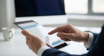 Man typing on tablet with screen display, working on digital alphabet, and using touchscreen. Digital alphabet, modern technology with work tasks, and hands with tablet.