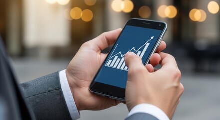 Analyzing financial growth on cellphone screen in closeup, person holds smartphone displaying stock market graph. Financial growth data shows upward trend for profit making, good investment.