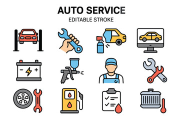 Comprehensive auto service icons illustrating vehicle repair and maintenance