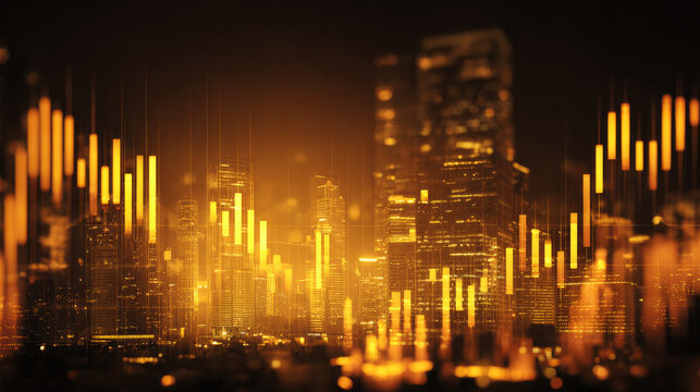 Business chart background with double exposure of financial data and city skyline, showcasing growth and investment opportunities