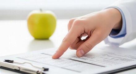 Doctor pointing at chart with apple nearby presents alphabet concept for learning. Alphabet concept shows close up of doctor’s hand indicating information,
