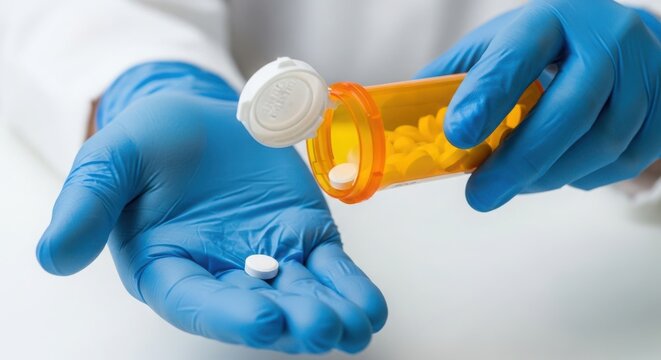 Medical treatment using medicine with white pill held in gloved hand with open orange pill bottle in background, doctor prescribes treatment to cure disease. Medical treatment helps recovery.