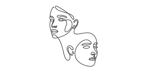 Abstract continuous line art drawing of two interconnected female faces on a clean background, portraying connection, thought, and minimalist elegance. Vector