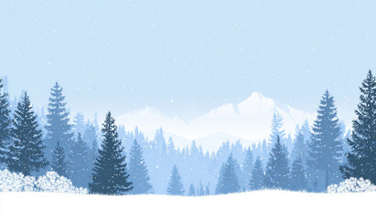 Obraz premium Serene winter landscape featuring snowy forest with tall evergreen trees and distant mountains under gentle snowfall