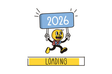 New year 2026 banner. Character holding 2026 sign with loading bar. Happy new year background vector illustration