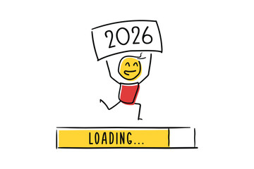 New year 2026 banner. Character holding 2026 sign with loading bar. Happy new year background vector illustration