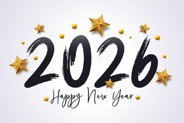 Happy New Year 2026 typography design. Gold stars, elegant brush lettering. For festive greetings, social media banners, posters, and corporate New Year campaigns.