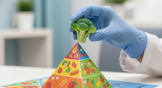 Dietary guidelines represented with a vibrant food pyramid and fresh broccoli on top held by gloved hand. Dietary guidelines display diverse food groups and nutritional recommendations.
