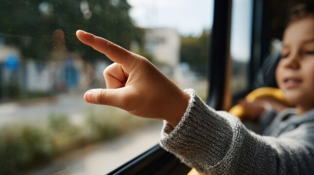 A young child with curly hair excitedly points out the window on a bus ride, capturing a moment of curiosity and wonder.