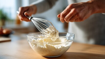 A person mixing ingredients in a bowl with a whisk, creating a fluffy batter in a sunlit kitchen.