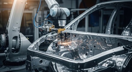 Car manufacturing depicted through automated robotic arm welding a car frame. Car manufacturing with robots optimizes metal assembly in car factory.