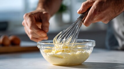 A close-up of a male chef's hands whisking a creamy batter in a glass bowl, with fresh eggs in the background.