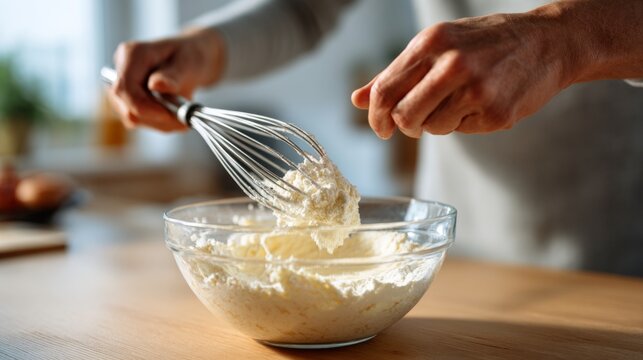A person mixing ingredients in a bowl with a whisk, creating a fluffy batter in a sunlit kitchen. - Powered by Adobe