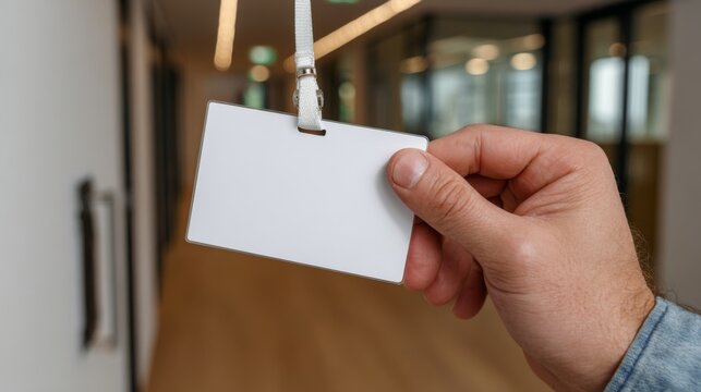 A male hand holding a blank ID badge in a modern office hallway, symbolizing identity and professionalism.