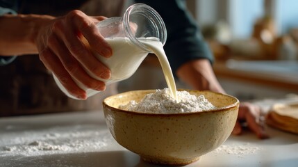A hand pours fresh milk into a bowl of flour, creating an inviting scene of baking at home.