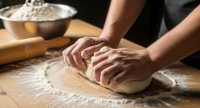 Kneading dough on wooden surface, preparing homemade bread with flour. Kneading dough involves hands pressing and folding mixture into smooth elastic mass.