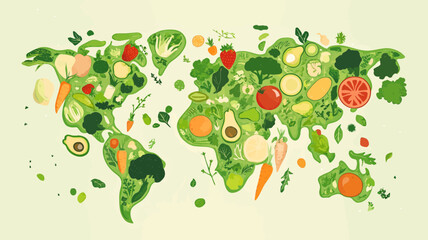 A vibrant, flat design vector banner showing a world map covered in various vegetables and fruits, symbolizing global adoption of plant-based eating for World Vegan Day.