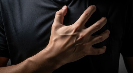 Man with chest pain holding his heart, in dark shirt. Chest pain indicates heart attack, angina, or anxiety, with visible veins on hand.