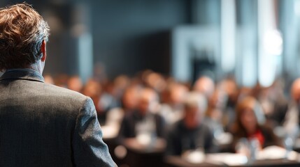 Business Conference with Focused Speaker - A business conference where the speaker is in focus and the audience is blurred. High quality