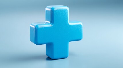 Obraz premium A glossy blue medical cross symbol on a softly blurred background, representing health and care.