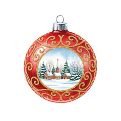 Festive Red Christmas Ornament with Glittery Gold Swirls and a Charming Winter Village Scene Featuring a Snow-Covered Church and Houses