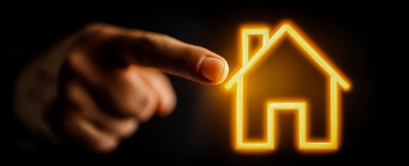 Hand pointing to a house with a yellow outline. The house is lit up and he is glowing
