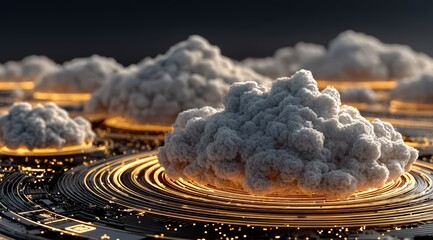 Group of clouds are lit up with a yellow glow. The clouds are all different sizes and shapes. Scene is one of wonder