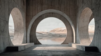 Large, empty, circular room with a view of a lake. The room is made of concrete and has a circular shape