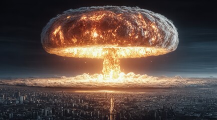 Large, fiery explosion is seen in the sky above a city. The explosion is so large that it can be seen from the ground