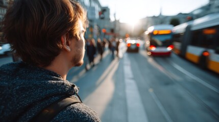 A young Caucasian male with headphones observes a bustling city street filled with traffic and pedestrians, bathed in golden sunset light.
