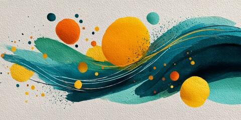 The image is a colorful abstract painting of a blue ocean with a wave. The wave is made up of various colored balls