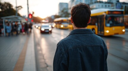 Back view of a young man with dark hair standing at a busy intersection during sunset, observing traffic and city life.