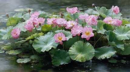 Painting of a pond with many pink flowers. The mood of the painting is peaceful and serene