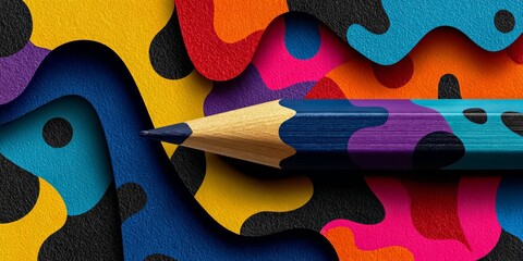 Pencil is drawn on a colorful background with a camouflage pattern. The pencil is placed in the middle of the image