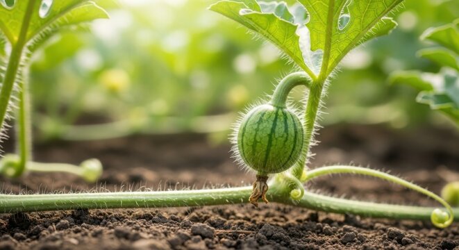Tiny watermelon seedling sprouts from soil, growing in garden. Watermelon growth is visible, with small fruit attached to vine and green leaves. Concept watermelon in alphabet books for kids.