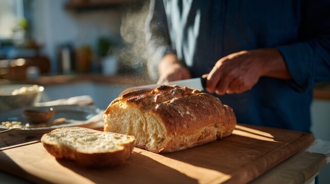 A man slicing freshly baked bread in a cozy kitchen, surrounded by warm sunlight and rustic decor.