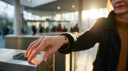 A young Caucasian woman scanning her transit card at an urban turnstile during sunset, creating a warm and welcoming atmosphere.